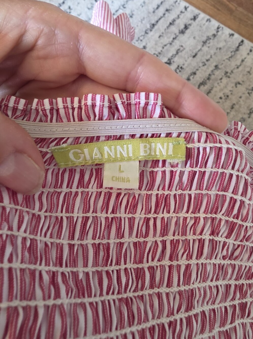 Gianni Bini Off Shoulder Smocked Ruffle Sleeve Dress Large Pink And White Stripe - Picture 5 of 7